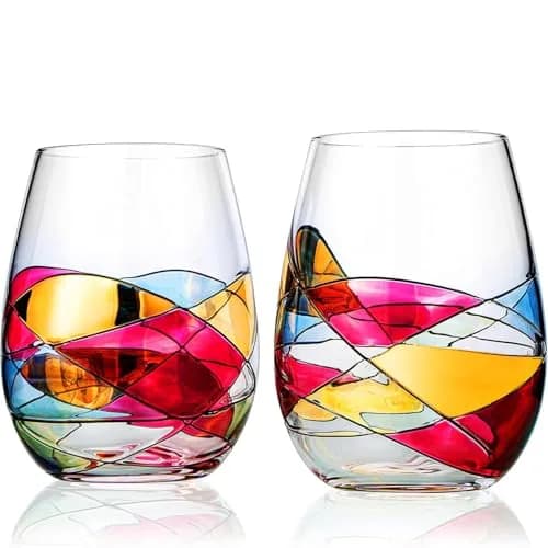 The Wine Savant Artisanal Hand Painted Stemless Wine Glasses 2 Pack | Romantic Gift for Celebrations thumbnail 1
