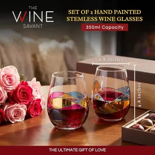 The Wine Savant Artisanal Hand Painted Stemless Wine Glasses 2 Pack | Romantic Gift for Celebrations thumbnail 2