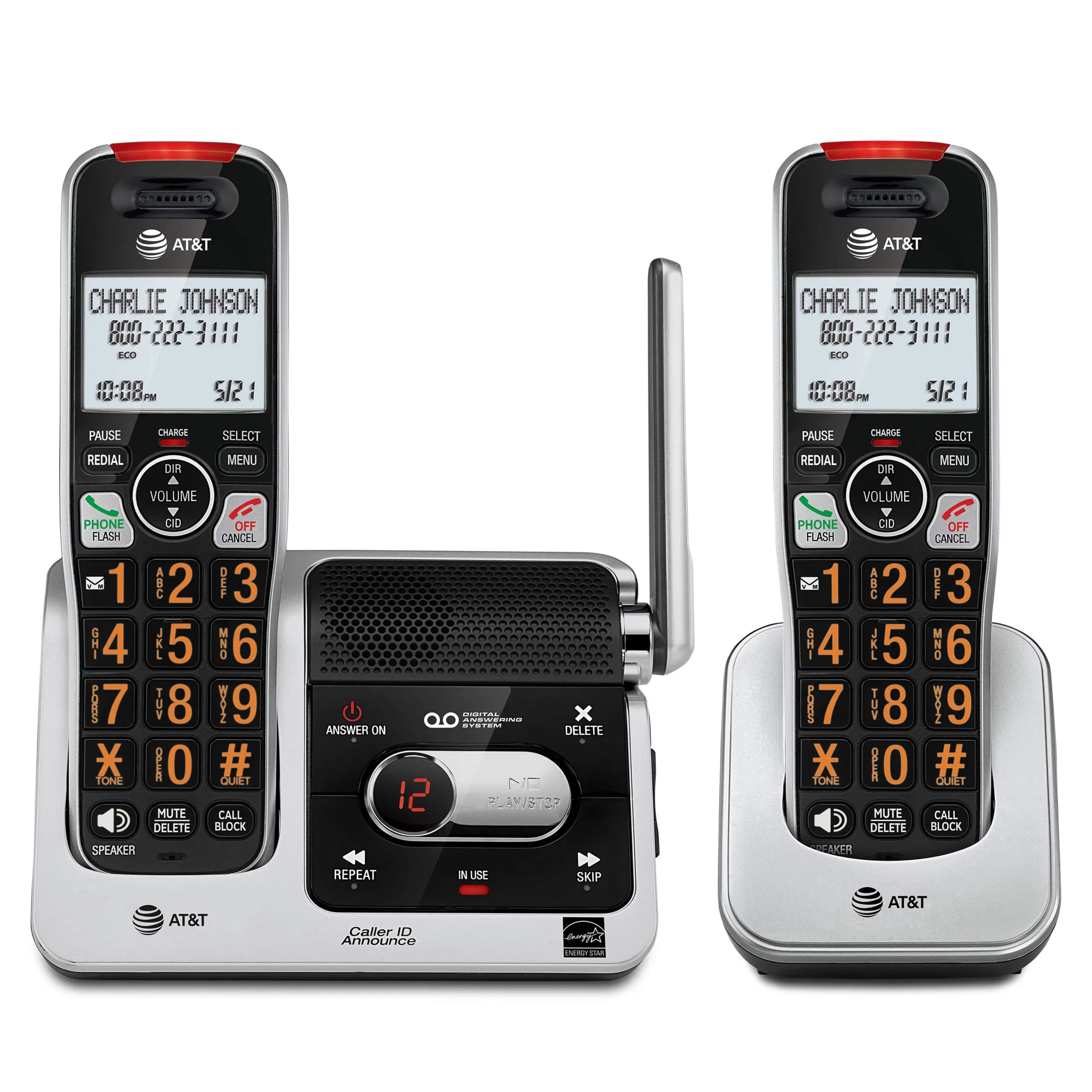 AT&T BL102-2 DECT 6.0 Cordless Phone System with Answering Machine, 2 Handsets, Silver/Black | Unsurpassed Range & Clarity - main product image