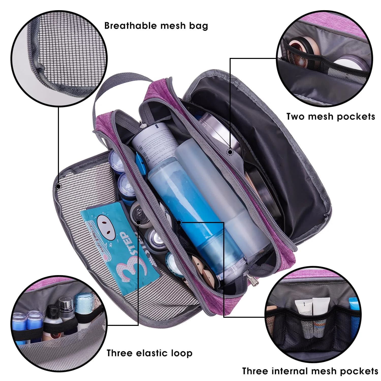 WANDF Travel Toiletry Bag for Men, Small Dopp Kit Purple | Water-Resistant Polyester, 23cm x 12cm x 15cm - view 3