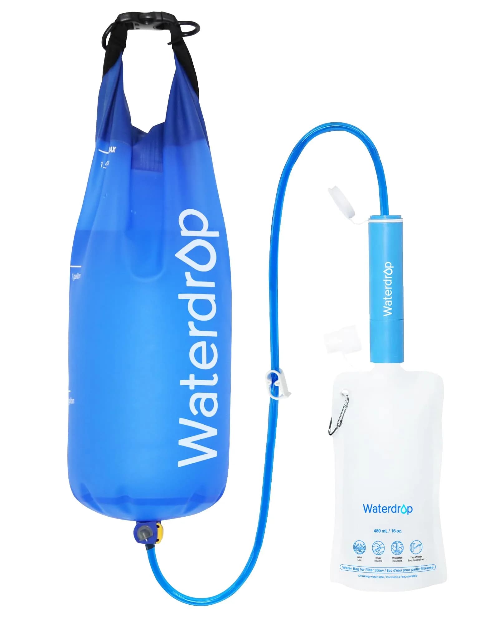 Waterdrop Gravity Water Filter Straw with 1.5 Gal Bag | Filters 1400 Gallons — Blue