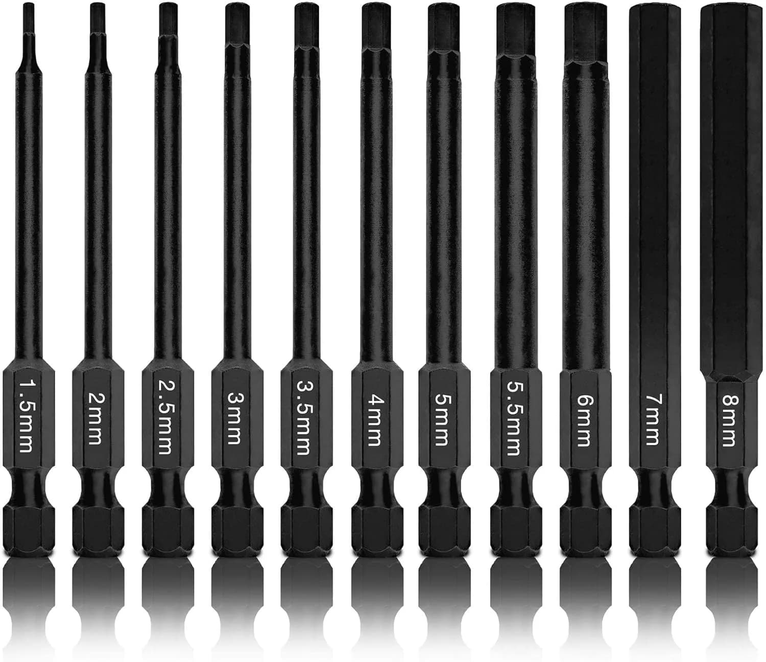 NEIKO 01148A Hex Allen Power Bit Set, 11-Piece Metric Sizes 1.5mm to 8mm | Magnetic Head Bits with 3 Quick Release Shanks - main product image