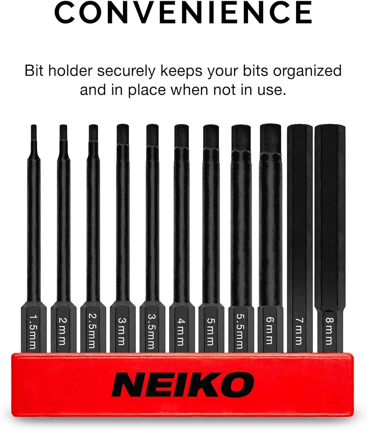NEIKO 01148A Hex Allen Power Bit Set, 11-Piece Metric Sizes 1.5mm to 8mm | Magnetic Head Bits with 3 Quick Release Shanks - view 3
