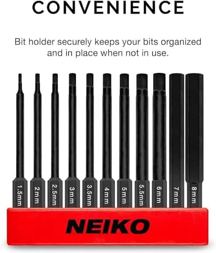 NEIKO 01148A Hex Allen Power Bit Set, 11-Piece Metric Sizes 1.5mm to 8mm | Magnetic Head Bits with 3 Quick Release Shanks thumbnail 3