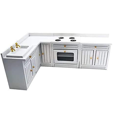 SXFSE 1:12 Dollhouse Wooden Kitchen Cabinet Set | Miniature Furniture in White for Dollhouses thumbnail 1