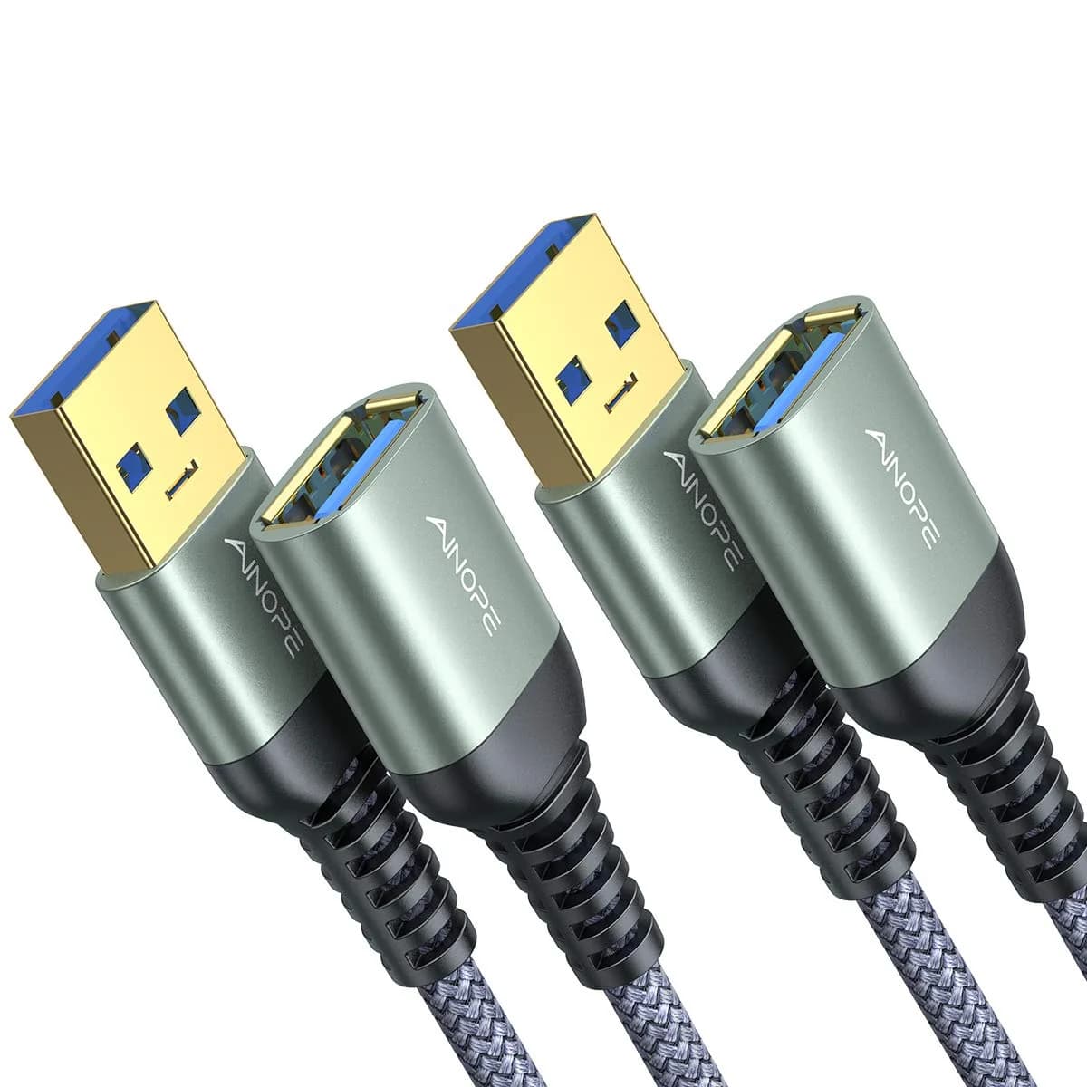 AINOPE 2 Pack USB 3.0 Extension Cable 10FT | High-Speed Data & Fast Charging with Reinforced Braided Material — Grey