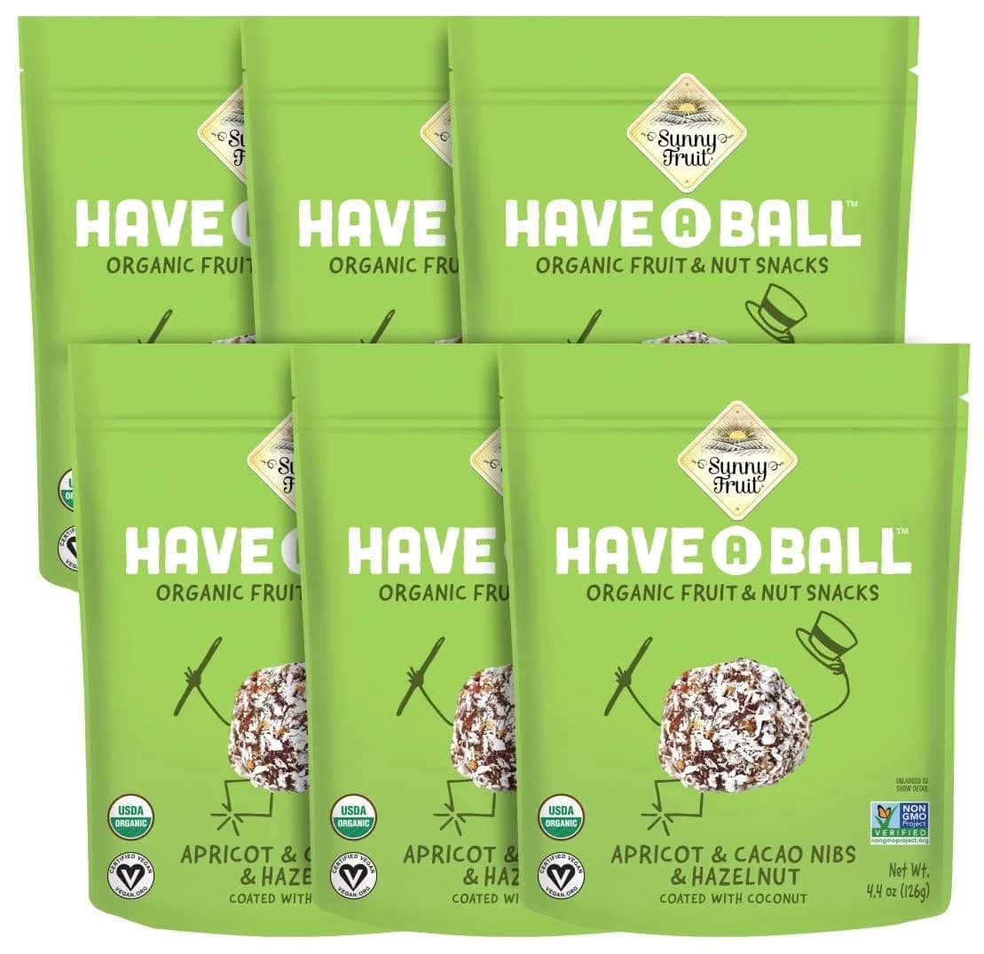 Sunny Fruit 100% RAW Fruit & Nut Snacks, Apricot, Cacao Nibs & Hazelnut, 6-Pack (9 Balls Per Bag) | No Sugar Added | Healthy, Convenient, On-the-Go Energy Balls | ORGANIC, VEGAN, GLUTEN-FREE, KOSHER