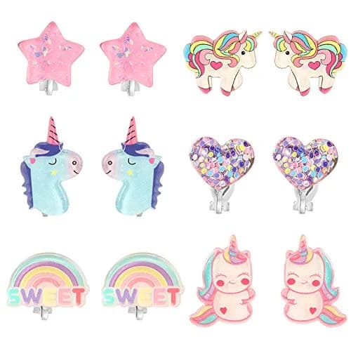 PinkSheep Unicorn Clip On Earrings for Little Girls, 6 Pairs | Non-Pierced, Safe & Durable thumbnail 1