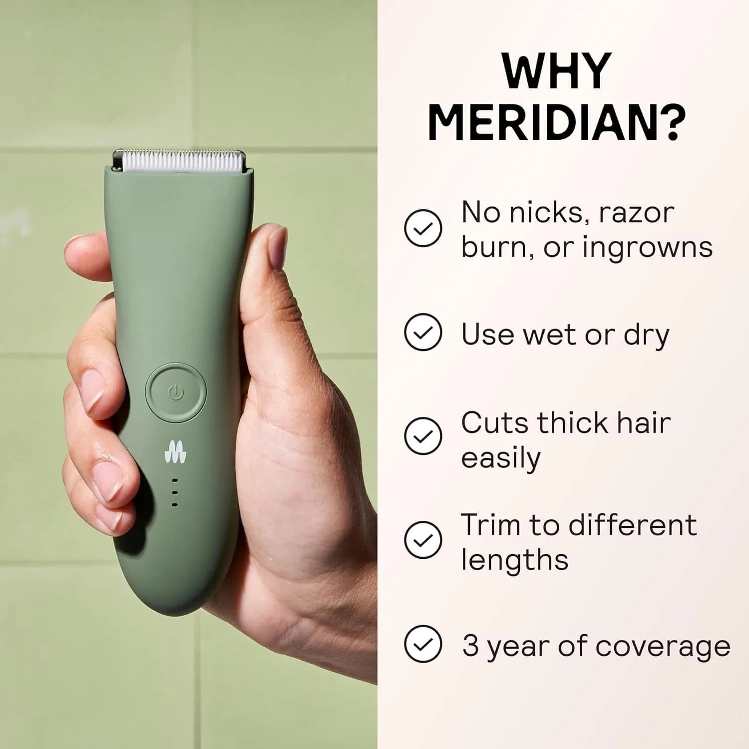 MERIDIAN The Trimmer Original Body Hair Trimmer for Men, Electric Shaver for Pubic Hair, Chest, Legs & Bikini, Waterproof & Rechargeable, Sage (1 Unit) - view 2