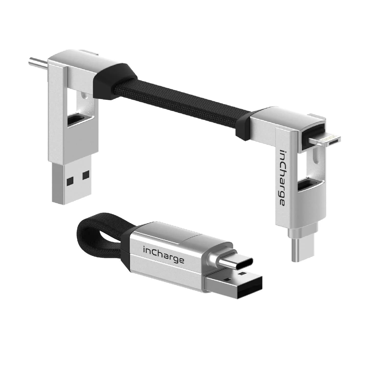 Rolling Square inCharge 6 Keychain USB C Charger Cable, Lightning & Micro-USB, 15cm (0.5ft) | Universal 6-in-1 Charging Cable — Silver