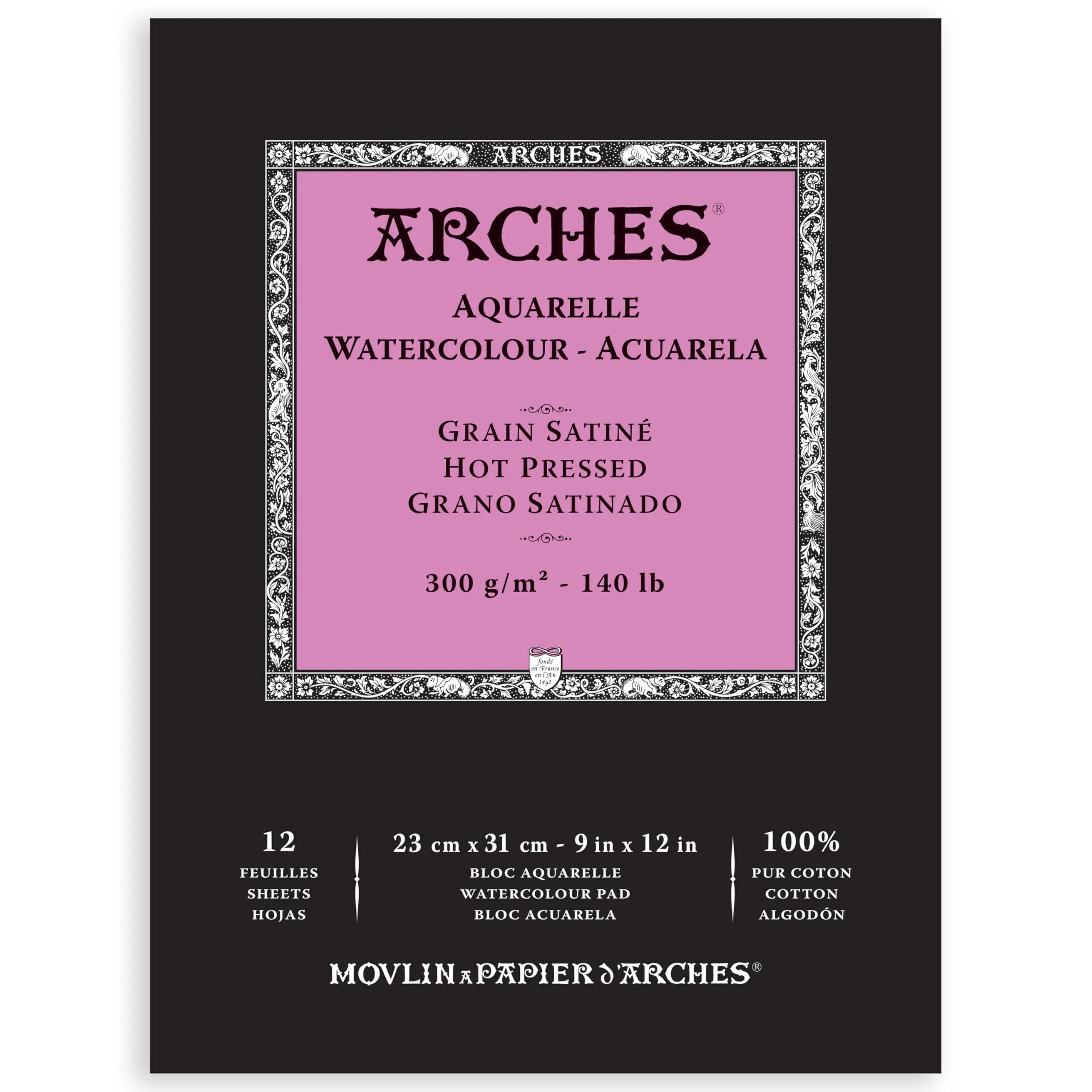 Arches Aquarelle Watercolor Pad, Hot Pressed, 300gsm (140lb) 23x30cm (9x12 inch) | 100% Cotton Paper - main product image