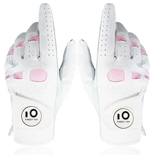 FINGER TEN Women's Leather Golf Gloves with Ball Marker, White&Pink, Small | Enhanced Grip & Comfort for Female Golfers thumbnail 1