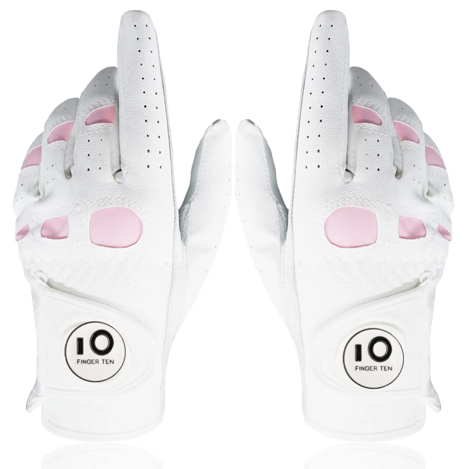 FINGER TEN Women Leather Golf Gloves with Ball Marker | Enhanced Grip & Comfort for Ladies (White&Pink-1 Pair, Medium) - main product image