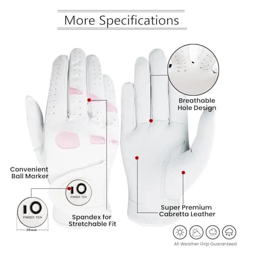FINGER TEN Women Leather Golf Gloves with Ball Marker | Enhanced Grip & Comfort for Ladies (White&Pink-1 Pair, Medium) thumbnail 2