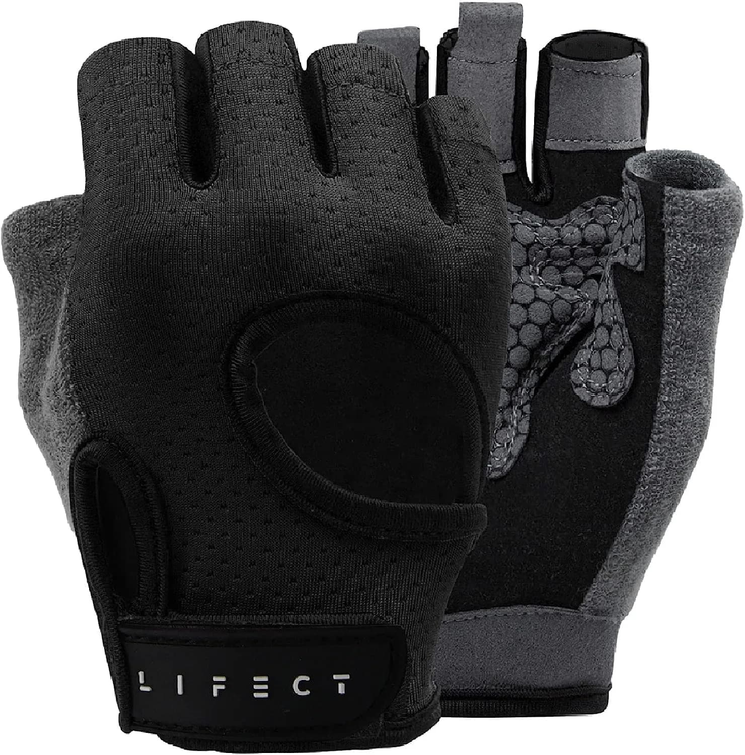 LIFECT Essential Breathable Workout Gloves, Knuckle Weight Lifting Fingerless Gym Exercise Gloves with Curved Open Back, for Powerlifting, Crossfit, Women and Men (Black, X-Large)