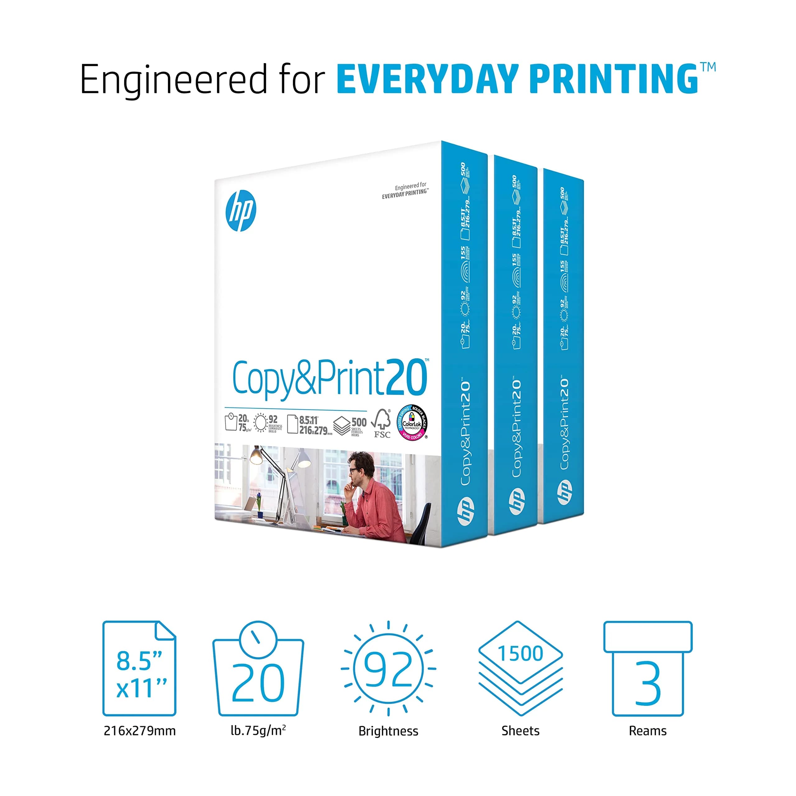 HP Papers Copy&Print20 Printer Paper 8.5 x 11 Inch, 20 lb, 1500 Sheets | FSC Certified, 92 Bright White - view 2