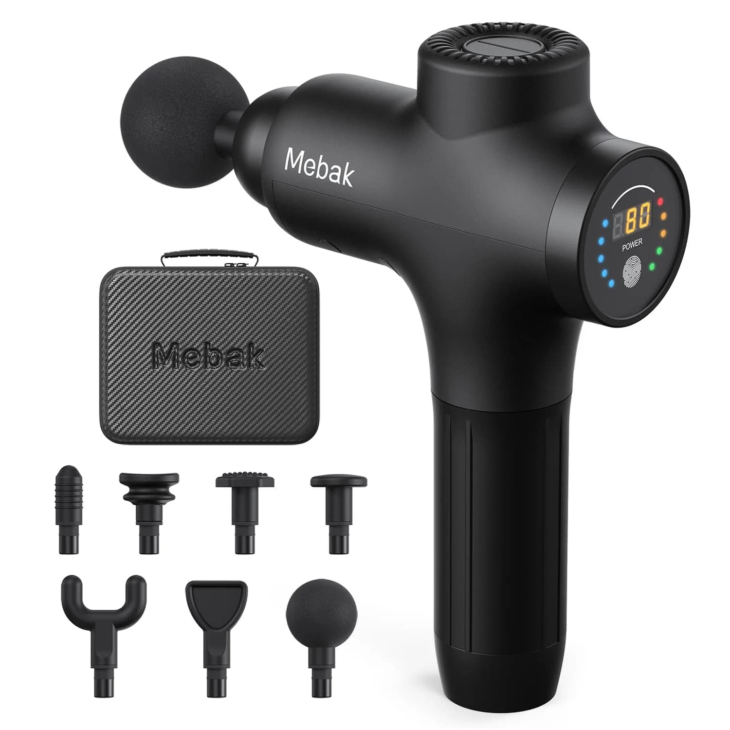 Mebak 3 Deep Tissue Massage Gun with 7 Heads & 5 Speeds | 1.68 lb Lightweight Percussion Massager for Athletes & Pain Relief — Black