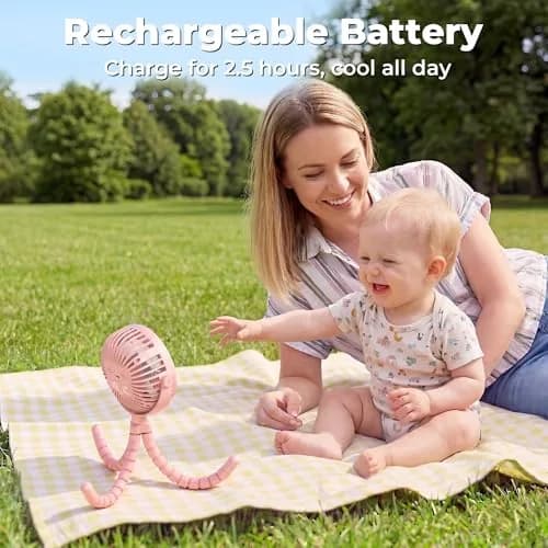 AMACOOL Battery Operated Stroller Fan 2600mAh Pink | Portable Clip On Fan Rechargeable thumbnail 4