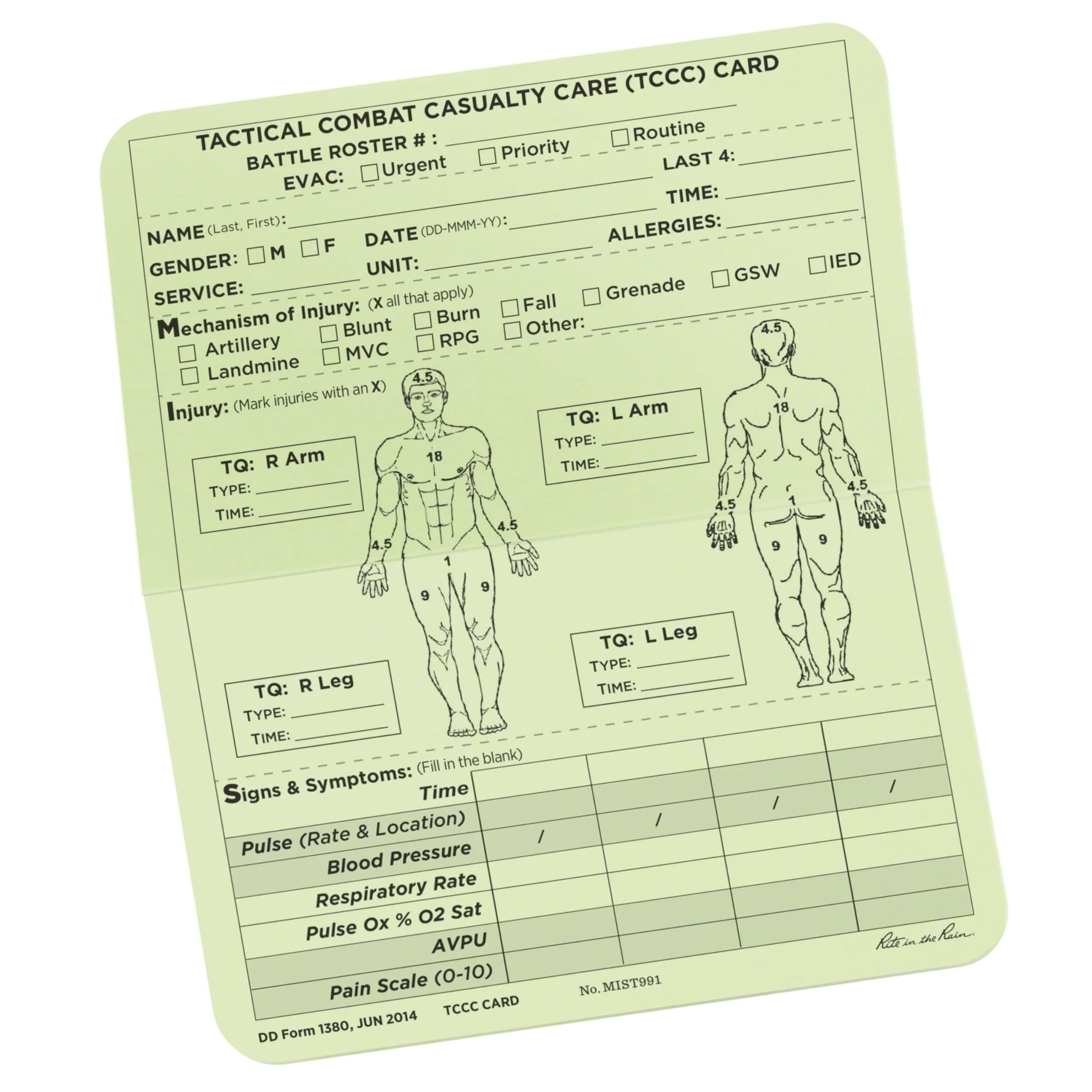 Rite in the Rain All-Weather Combat Card 6" x 5" | Weatherproof Tactical Casualty Care Card — Green