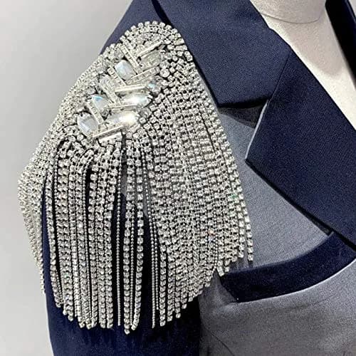 SXMFFHCG Beaded Crystal Shoulder Patches Motifs Fringe Tassel Epaulets Shoulder Brooches 2 Pieces (Black) — silver