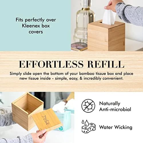 JUSK Design Tissue Box Holder - Modern, Minimalist, Durable Wooden Bamboo Square | Easy Refill thumbnail 2