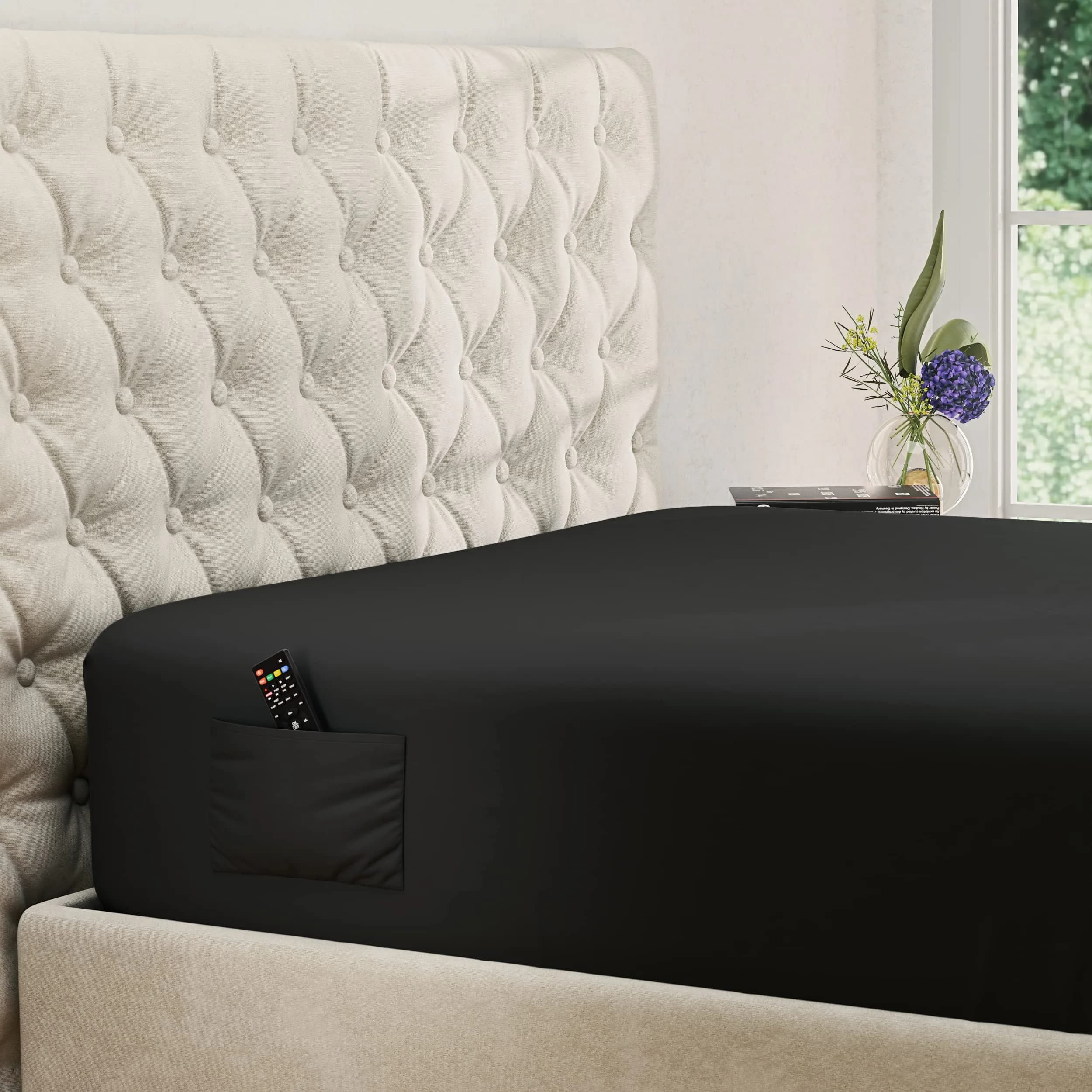 DREAMCARE King Fitted Sheet Only - Extra Deep Pocket Microfiber Bed Sheet in Black