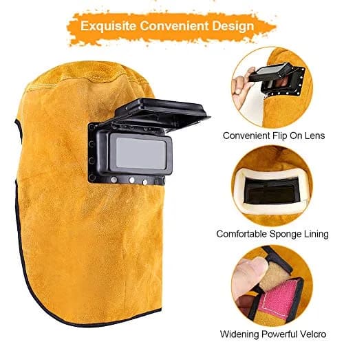 Ejoyous Yellow Leather Welding Hood Welder Mask with Flip-Open Lens | 32.5cm Height thumbnail 4