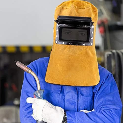 Ejoyous Yellow Leather Welding Hood Welder Mask with Flip-Open Lens | 32.5cm Height thumbnail 2