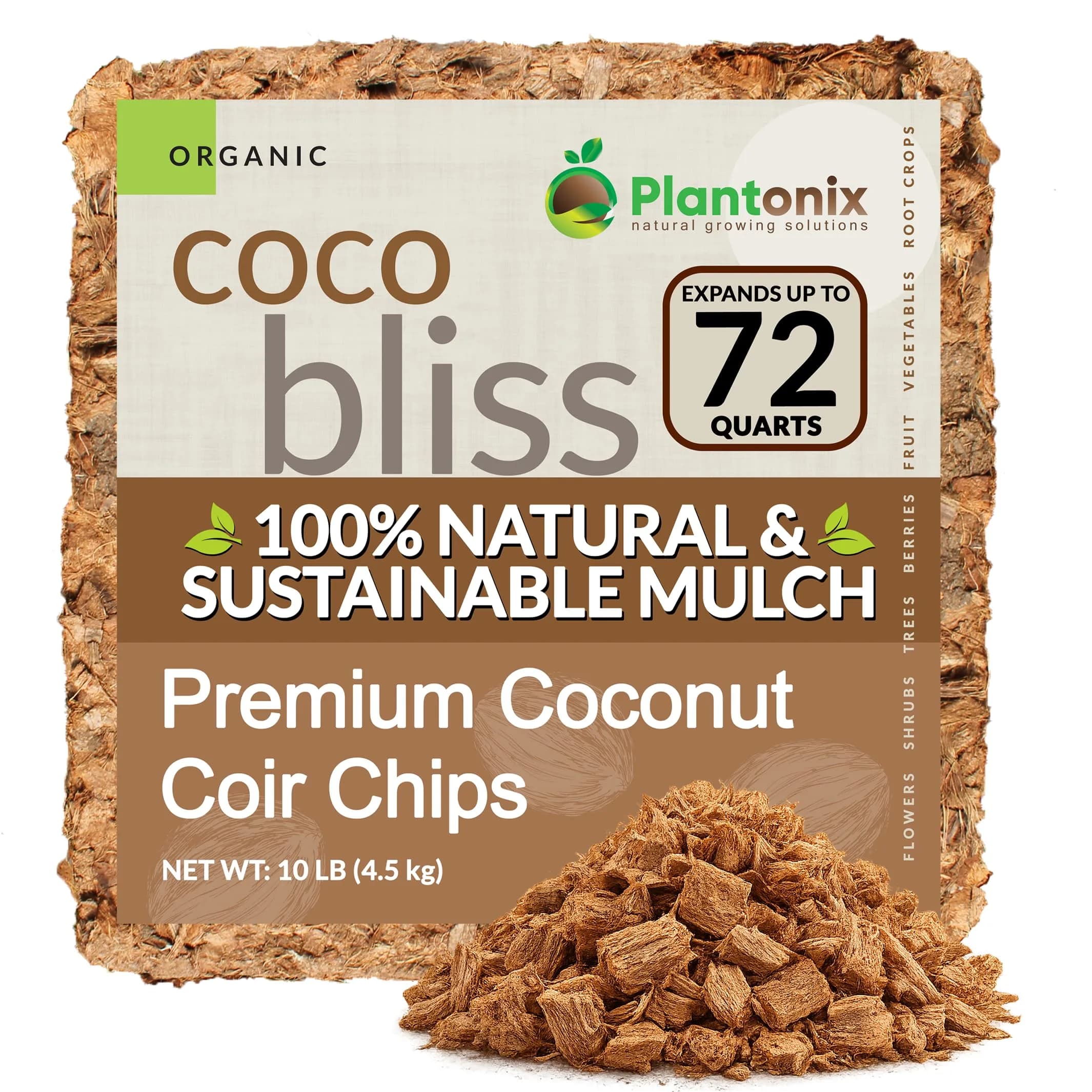 plantonix Coco Chips Mulch Brick (10lbs) | Organic Moisture Retention for Gardens