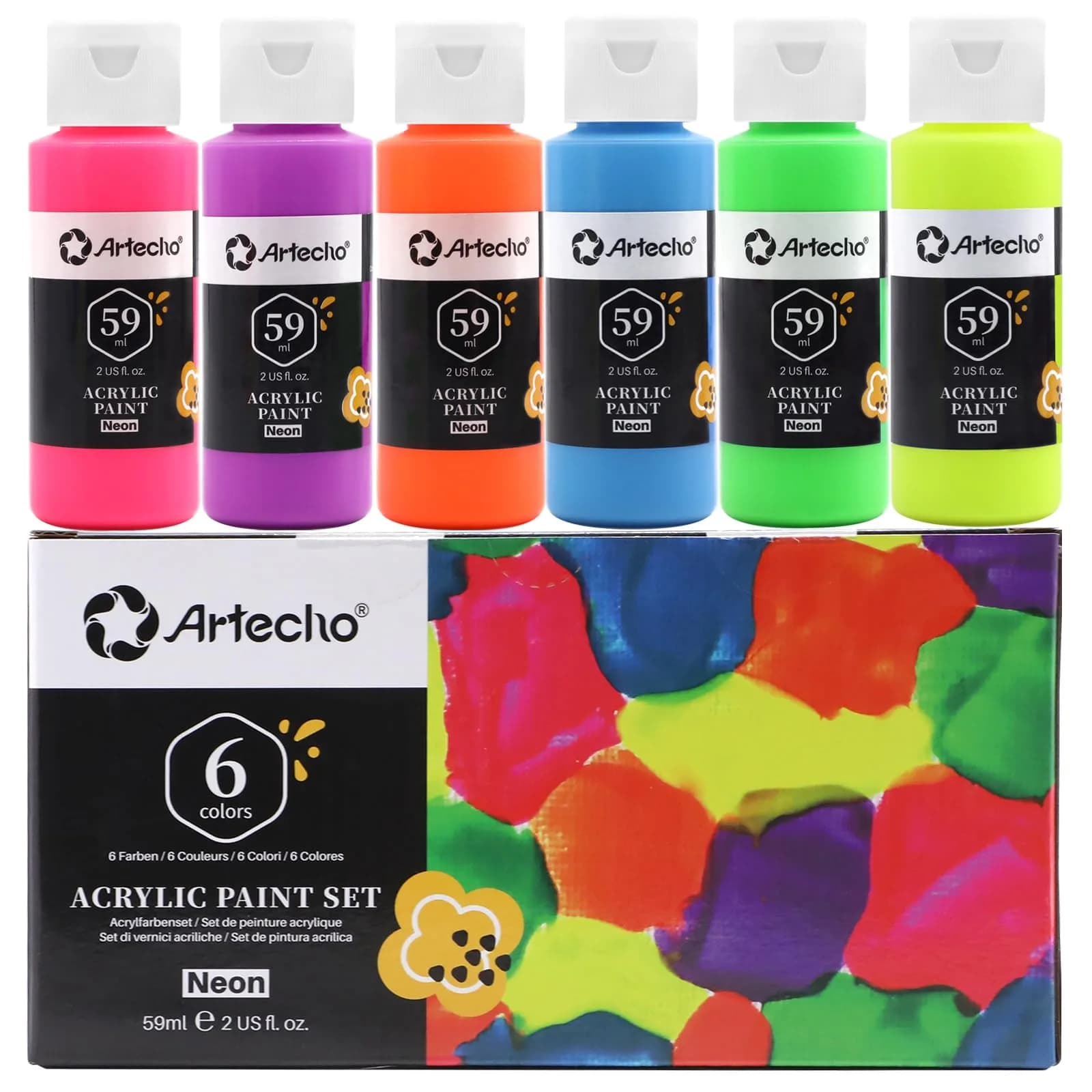 Artecho Metallic Acrylic Paint Set 12 Colors 59ml | Rich Metallic Finish for Art & Crafts — 6 Neon Colors