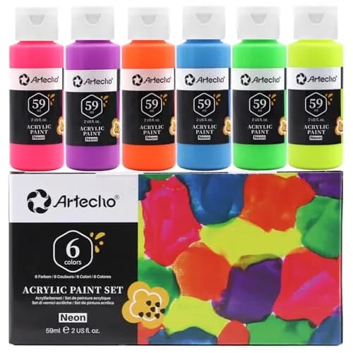 Artecho Neon Acrylic Paint Set 6 x 59ml | Vibrant Fluorescent Colors for Art & Crafts thumbnail 1