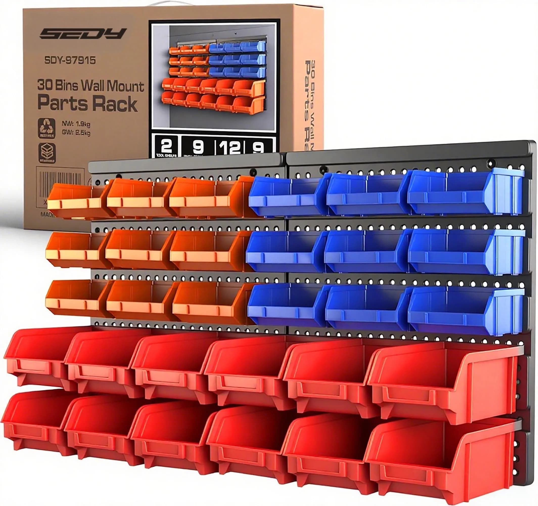 SEDY 30-Bin Wall-Mounted Storage Rack System with Peg Boards, 64cm x 38cm x 18.5cm | Organize Tools, Hardware, and Small Parts — Red Blue Orange