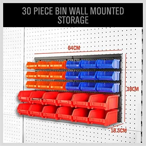SEDY 30-Bin Wall-Mounted Storage Rack System with Peg Boards, 64cm x 38cm x 18.5cm | Organize Tools, Hardware, and Small Parts thumbnail 2