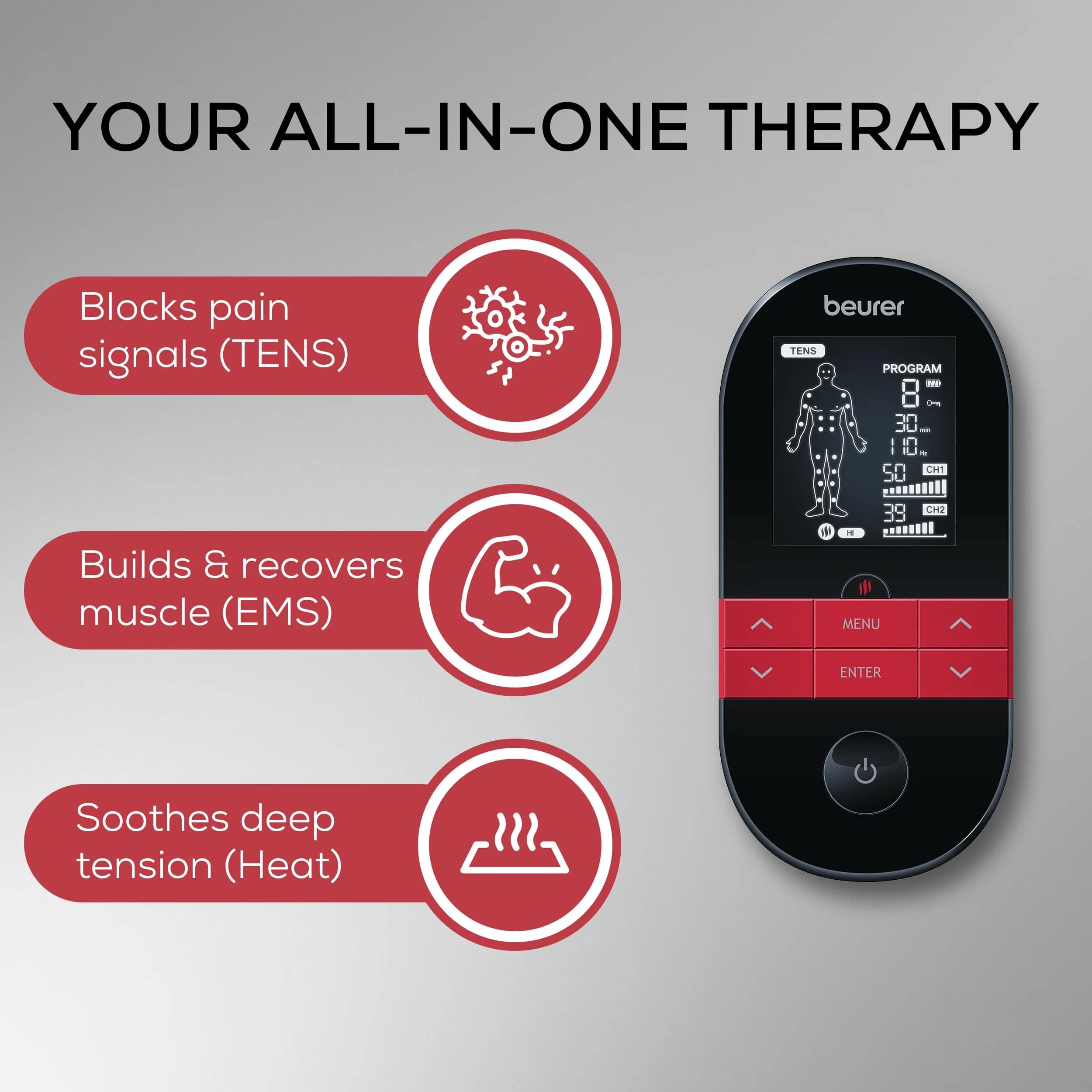 Beurer EM59 Digital 3-in-1 TENS Unit, EMS & Heat Therapy with 64 Applications | 190g (6.7 oz) - view 2