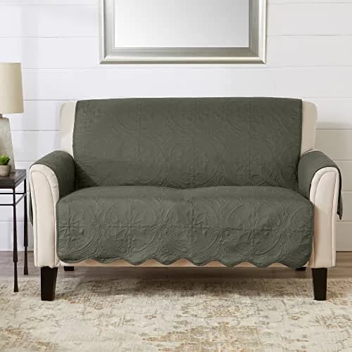 Great Bay Home Reversible Quilted Loveseat Cover, Sage Green/Light Gray | Elegant & Durable Microfiber thumbnail 1