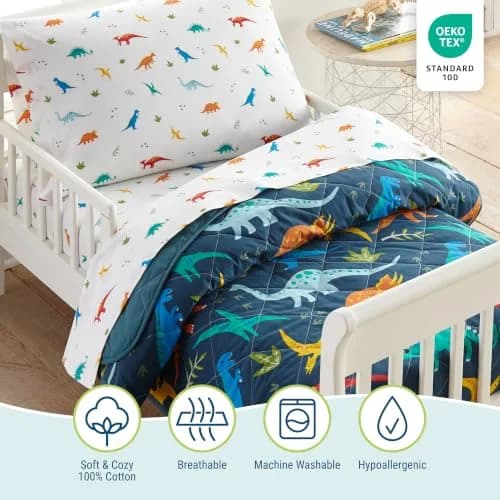 Wildkin Jurassic Dinosaurs 4-Piece Toddler Bed in a Bag Set - 132cm x 71cm (52" x 28") | OEKO-TEX Certified Cotton Comforter & Sheets thumbnail 2
