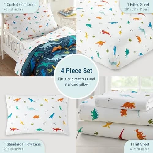 Wildkin Jurassic Dinosaurs 4-Piece Toddler Bed in a Bag Set - 132cm x 71cm (52" x 28") | OEKO-TEX Certified Cotton Comforter & Sheets thumbnail 3
