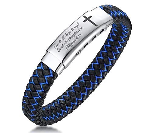 MEALGUET Bible Verse Braided Bracelet with Cross Scripture Engraved, Black Blue, 8.2-9 inches | Inspirational Christian Jewelry for Men thumbnail 1