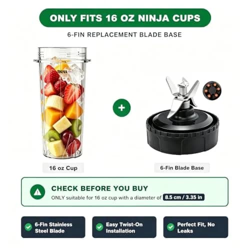 GahsElec 6-Fin Blender Blade Replacement for Ninja BL660 BL663 BL740, 8.5cm (3.35in) Diameter, 7.6cm (3in) Height | Compatible with 16oz Cups thumbnail 2