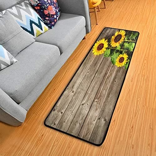 senya Sunflowers On Wood Board Runner Rug 183cm (72" X 24") | Non-Slip Soft Doormat for Kitchen & Home thumbnail 1