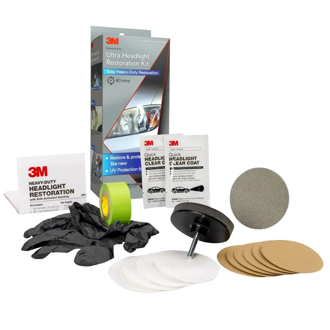 3M Ultra Headlight Restoration Kit | Heavy-Duty Plastic Lens Restorer with Sanding Discs & UV Protectant - main product image