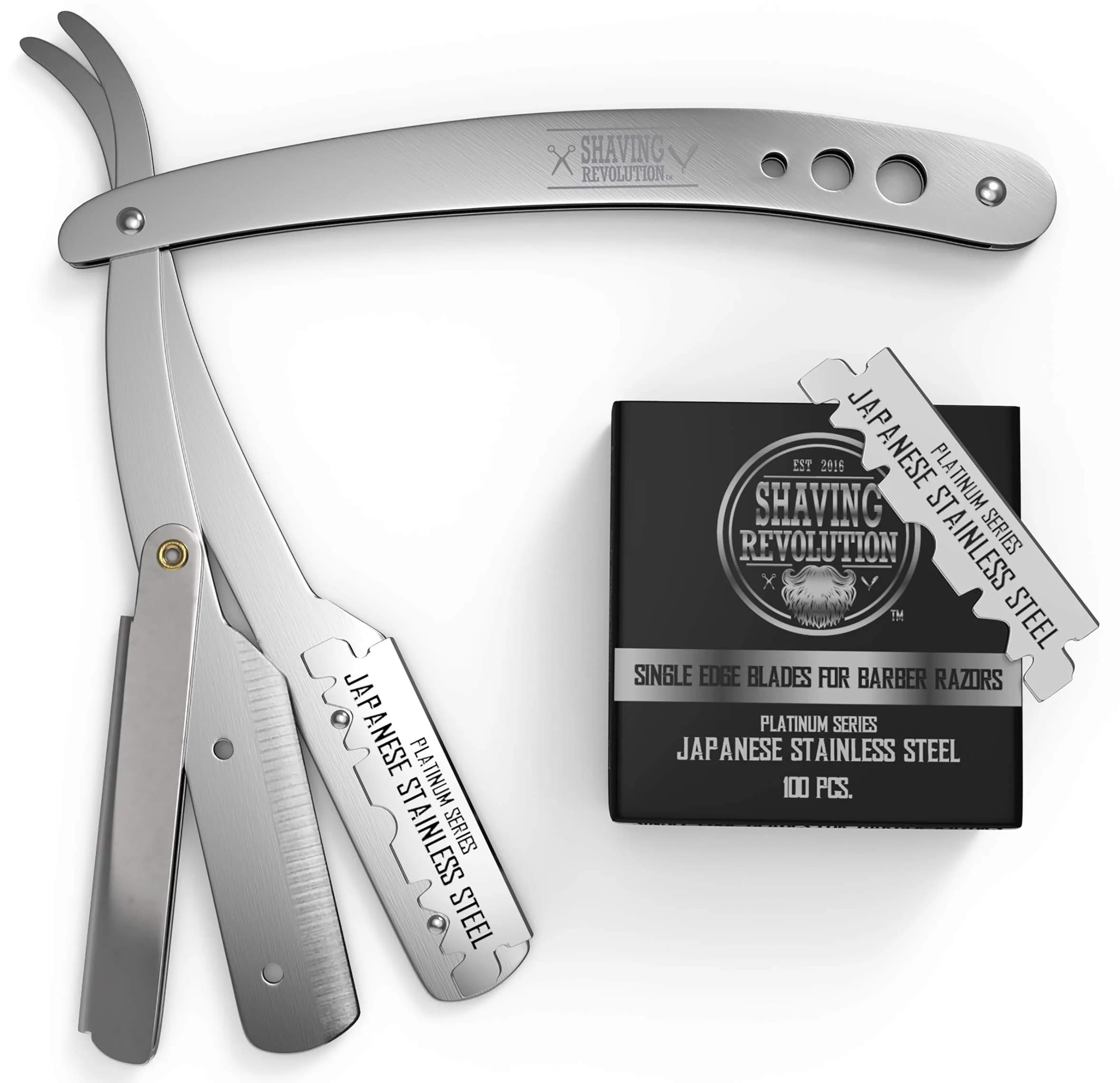 SHAVING REVOLUTION Straight Edge Barber Razor Kit with 100 Single Edge Blades | Professional Close Shave - main product image