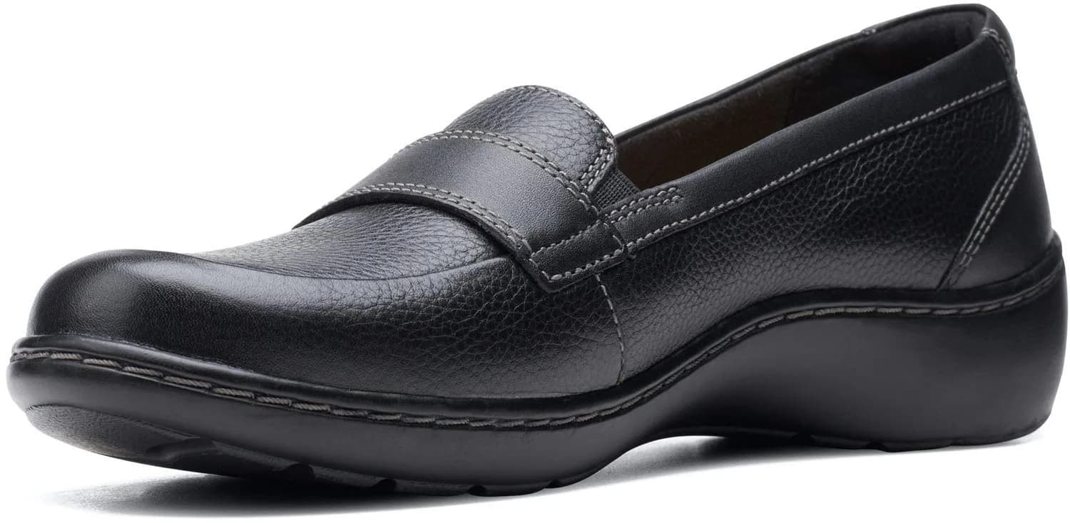 Clarks Women's Cora Daisy Loafer Black Tumbled Leather 7 Wide | Slip-On Comfort with Ortholite Footbed - main product image