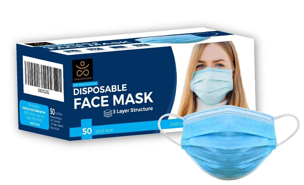 Samadhaan 3-Layer Disposable Face Masks, 50 Count (Blue) | Breathable Filtration for Daily Use — Blue