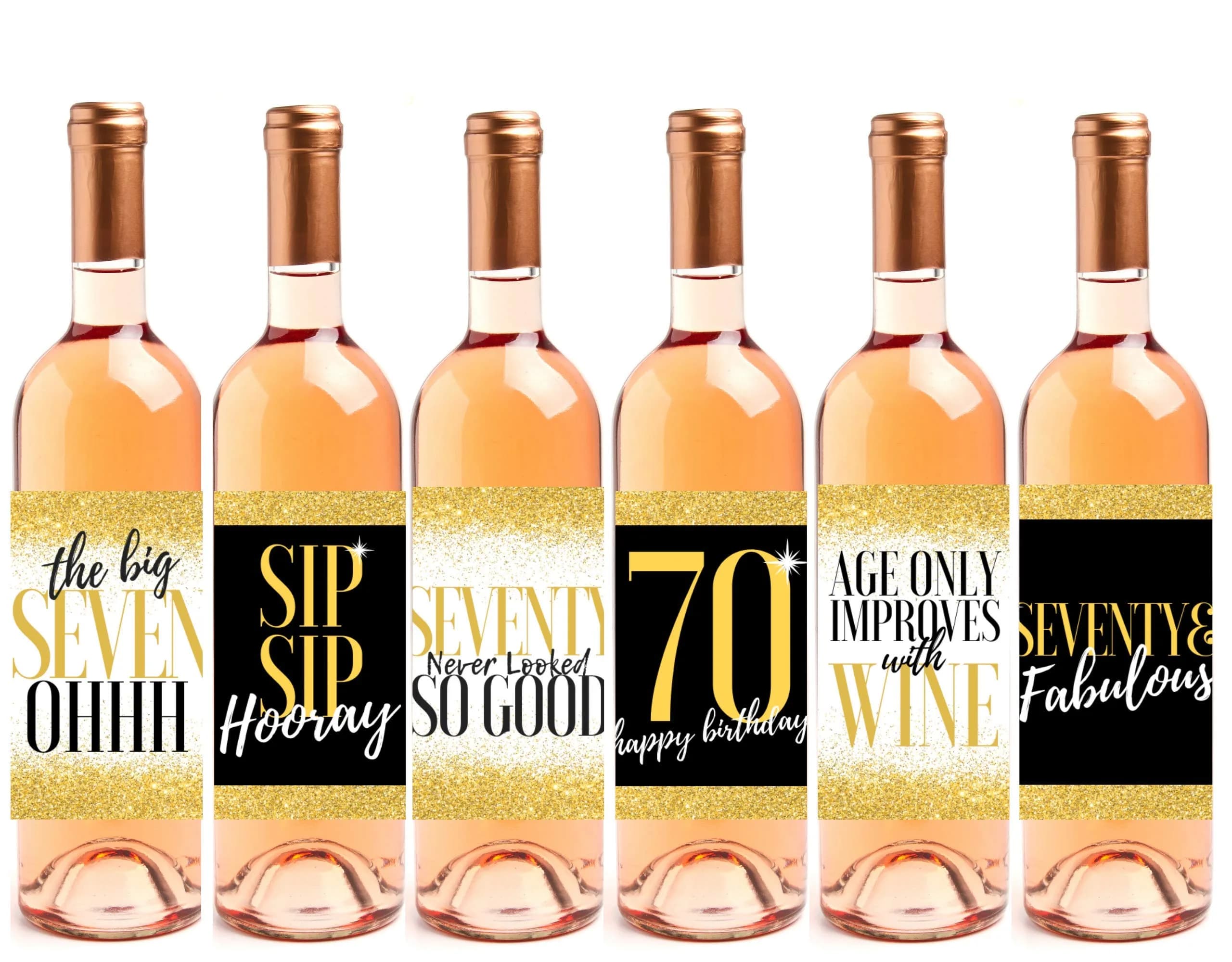 Harper & Ivy Designs 70th Birthday Wine Bottle Labels | Funny Black Gold Cheers to 70 Years (100 words)