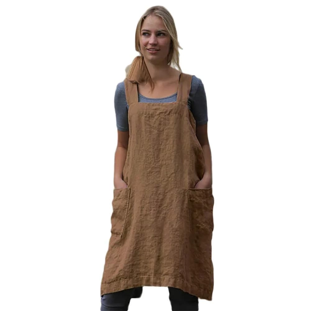 Larmliss Women’s Pinafore Square Apron 70% Cotton, 30% Linen | Cross Back, Large Pockets, Breathable & Durable