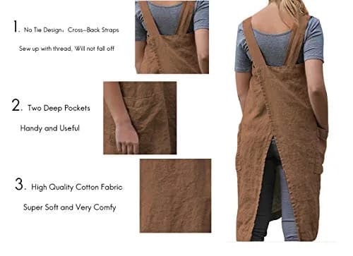Larmliss Women’s Pinafore Square Apron 70% Cotton, 30% Linen | Cross Back, Large Pockets, Breathable & Durable thumbnail 3