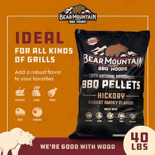 Bear Mountain Hickory Wood Pellets for Smoker and Grill, 40lb Bag | All-Natural Hardwood Flavor for Outdoor Cooking thumbnail 2