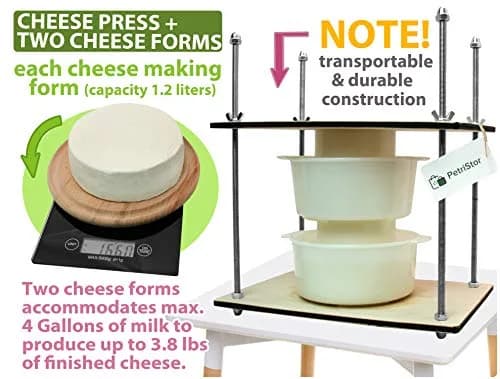 PetriStor Wooden Cheese Press with 2 Cheese Mold, 1.3Qt | Home Cheese Making Kit for Hard & Soft Cheeses thumbnail 4