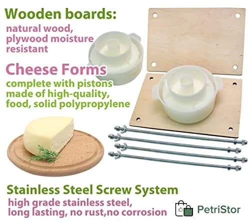PetriStor Wooden Cheese Press with 2 Cheese Mold, 1.3Qt | Home Cheese Making Kit for Hard & Soft Cheeses thumbnail 5